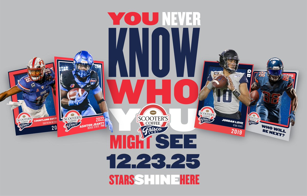 FriscoBowlGame's tweet image. Stars shine here! The 2025 Scooter’s Coffee Frisco Bowl is set for December 23rd—live on ESPN. Don’t miss your chance to watch the next wave of talent take the stage!
#FriscoBowl | #BowlSeason | #CFB