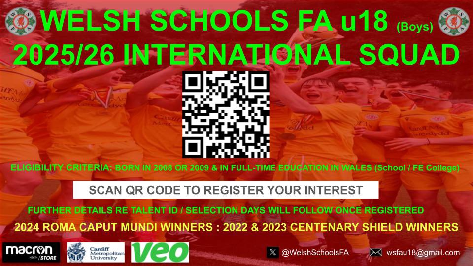 WelshSchoolsFA's tweet image. Our boys u18’s National squad are now starting the process of gathering a database of interested players who have aspirations of representing us on the international stage this season.
Details in posters
Click link / Scan QR code below to register
forms.gle/ekfwUG2PdqG6o7…