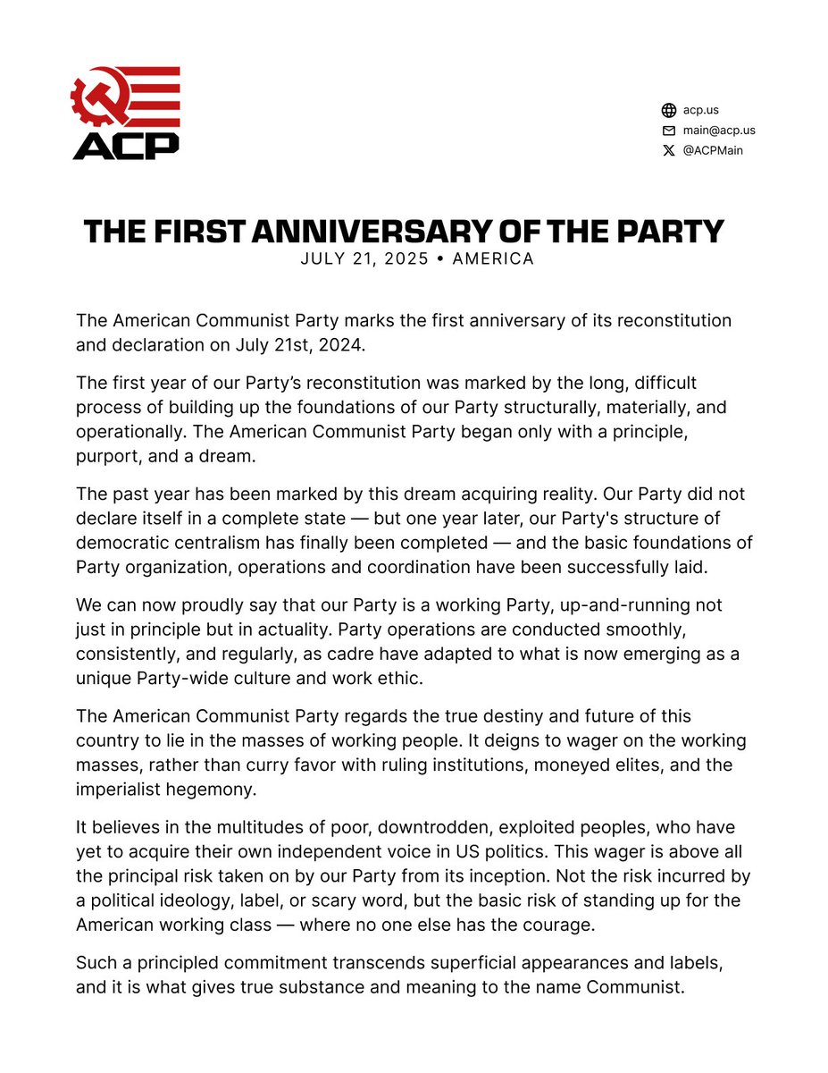 ACPMain's tweet image. 🎉 Today marks the first year anniversary of the American Communist Party!
From inception, our Party began only with the simple purport of unity and organization in dedication to the cause of the working class.
One year later, it has spread across the entire nation, becoming…