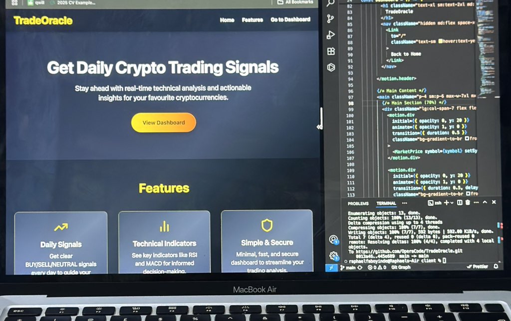 OperaFaboyinde's tweet image. 🚀 Day 15 of #30DaysOf30Apps ✅

💹 TradeOracle – your crypto trading companion
📚 Features:
✅ Live market prices
✅ Technical analysis signals
✅ Latest crypto news

🛠️ Tech: React ⚛️ + Tailwind 🌬️ + REST API

#TradeOracle #Crypto #30DaysOfCode #BUIDLwithDLTAfrica