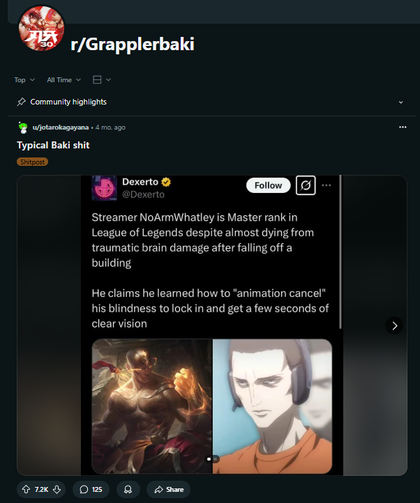 WhatleyLeague's tweet image. Never even heard of "Baki", but apparently it's a Japanese Manga and I got sent that I'm the top post of all time on their Reddit...?
Wow thank you Baki fans!!! I love your series!!!
(I don't even know what it's about...)