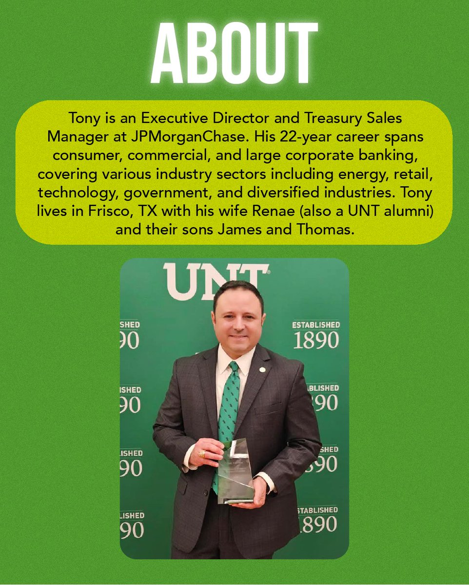 UNTAlumniAssoc's tweet image. ✨ UNT Alumni Spotlight ✨
➡️ Tony Feliciano, Executive Director at JPMorgan Chase, brings 22 years of banking experience. He lives in Frisco, TX with his wife Renae (also a UNT alum) and their sons, James and Thomas.