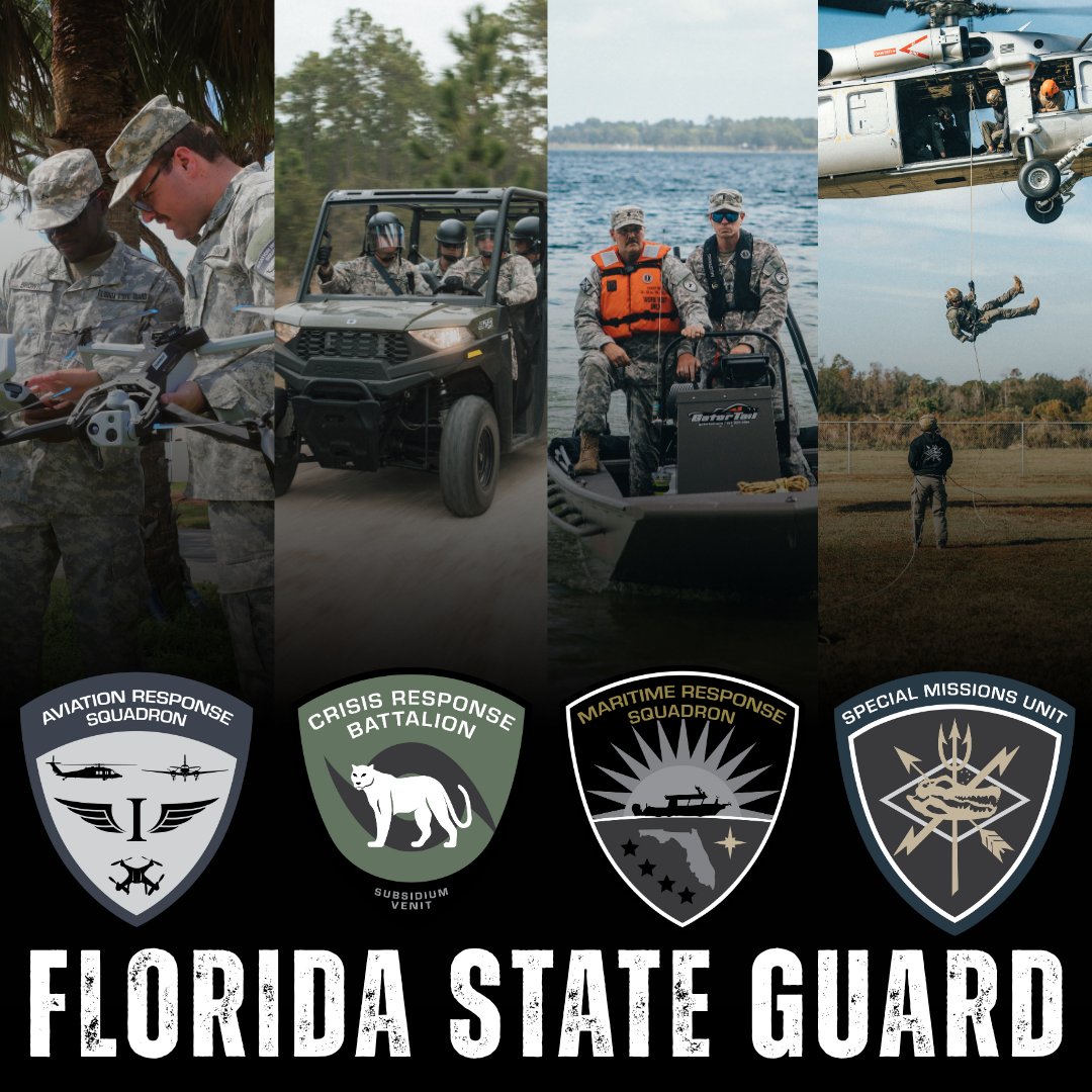 FLStateGuard's tweet image. FSG’s four units, Aviation Response Squadron, Crisis Response Battalion, Maritime Response Squadron and Special Missions Unit, play critical roles. Through aerial support, disaster response, water rescues and high-risk search and rescue operations, all units stand unified to…
