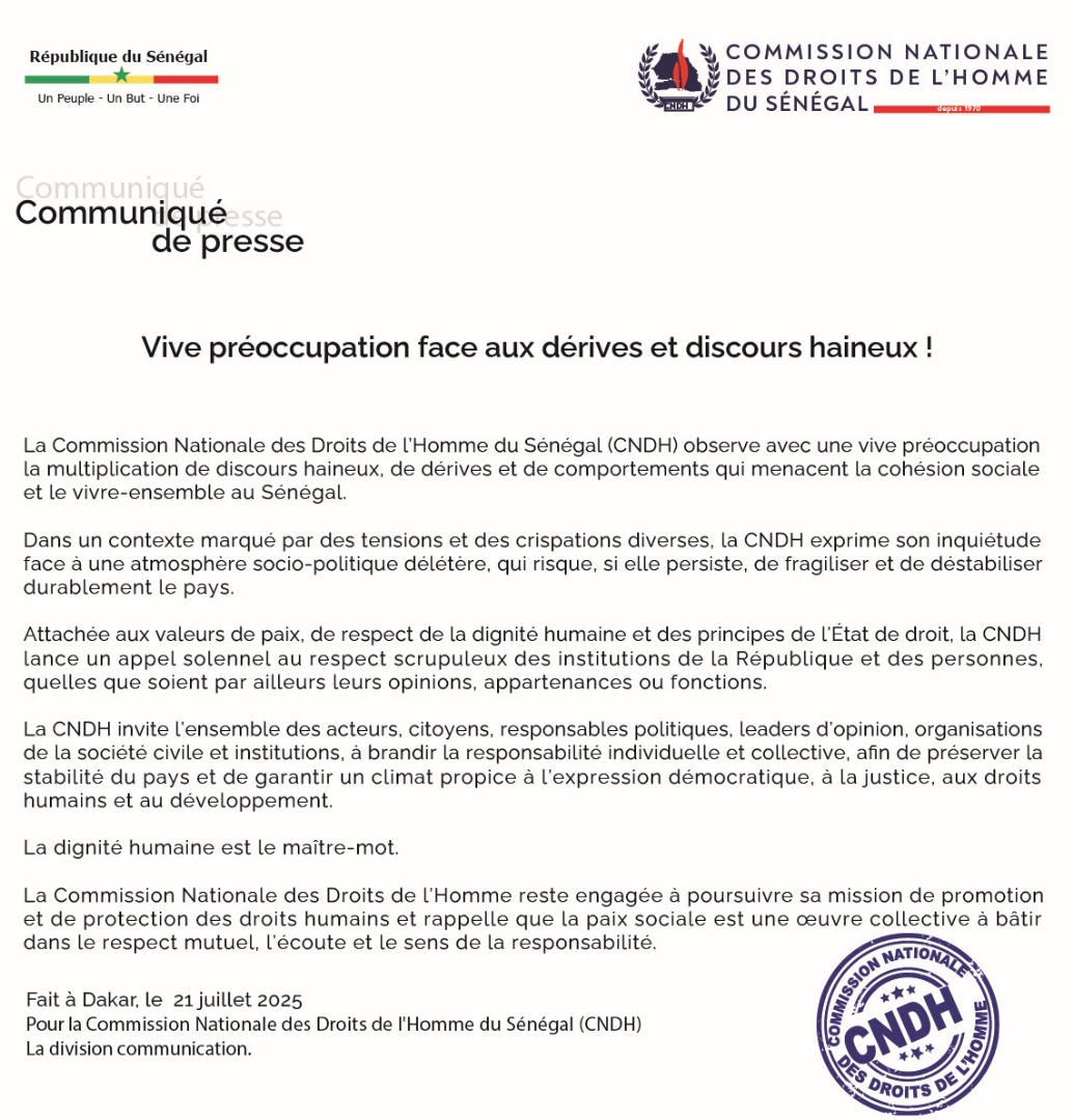 CNDH Officiel (@csdhofficiel) on Twitter photo Communiqué de presse
Vive préoccupation face aux dérives et discours haineux!
#DroitsHumains #CNDHSénégal #senegal
<a href="/PR_Senegal/">Présidence Sénégal</a> <a href="/PrimatureSN/">Primature du Sénégal</a> <a href="/Min_Justice_SN/">Ministère de la Justice du Sénégal</a>
<a href="/PR_Diomaye/">Bassirou Diomaye Faye</a> <a href="/assembleesn/">Assemblée nationale du Sénégal</a> Communiqué de presse
Vive préoccupation face aux dérives et discours haineux!
#DroitsHumains #CNDHSénégal #senegal
<a href="/PR_Senegal/">Présidence Sénégal</a> <a href="/PrimatureSN/">Primature du Sénégal</a> <a href="/Min_Justice_SN/">Ministère de la Justice du Sénégal</a>
<a href="/PR_Diomaye/">Bassirou Diomaye Faye</a> <a href="/assembleesn/">Assemblée nationale du Sénégal</a>