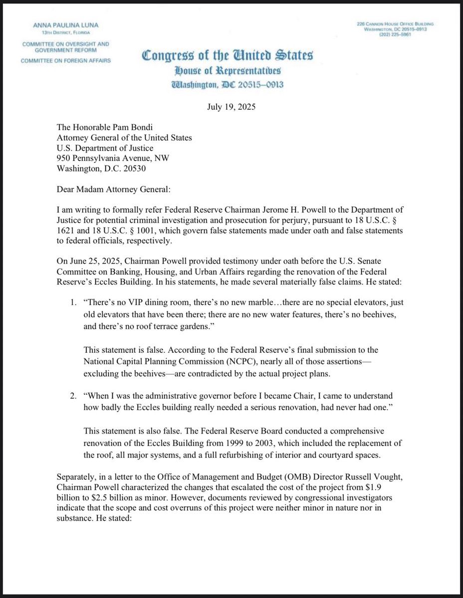 WhaleInsider's tweet image. BREAKING: 🇺🇸 FED Chair Jerome Powell referred to DOJ for criminal probe over allegedly lying under oath.