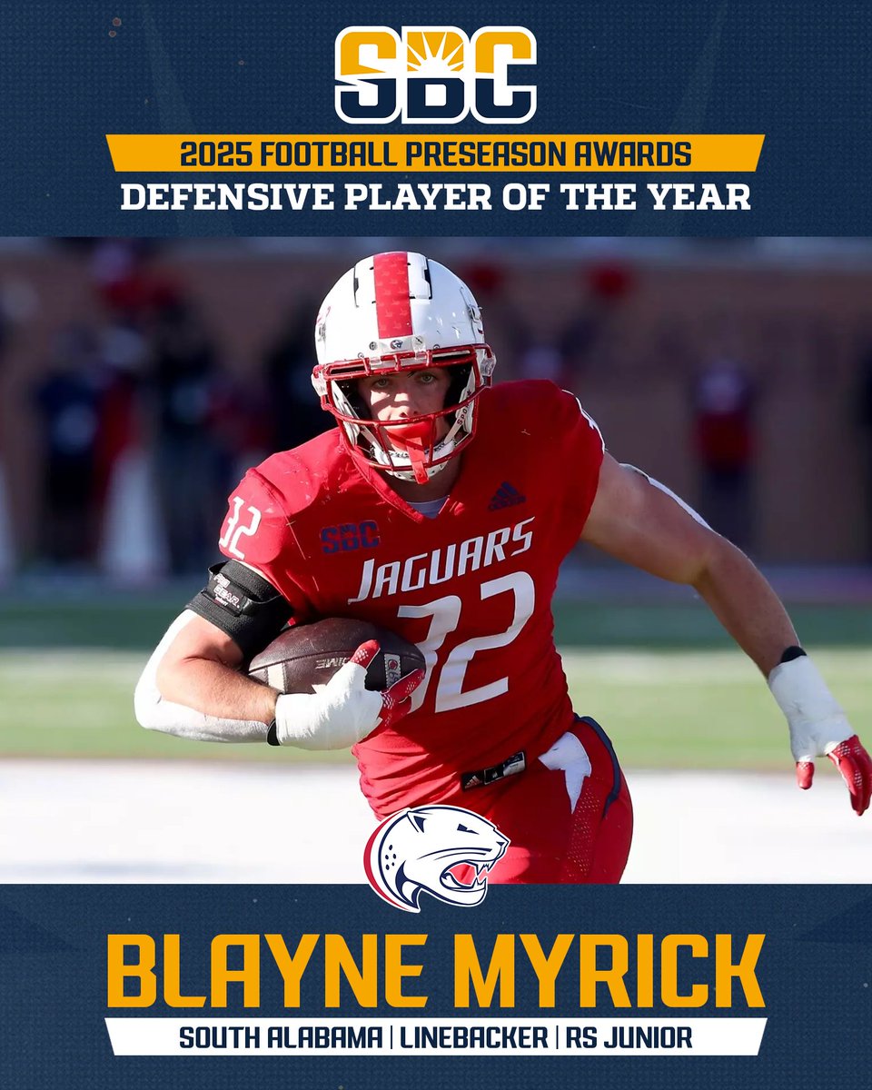𝗕𝗟𝗔𝗬𝗡𝗘 𝗧𝗥𝗔𝗜𝗡.

<a href="/SouthAlabamaFB/">South Alabama Football 🏈</a> redshirt junior linebacker <a href="/BlayneMyrick/">Blayne Myrick</a> selected as the <a href="/SunBeltFB/">Sun Belt Football</a> Preseason Defensive Player of the Year. ☀️🏈

📰 » sunbelt.me/4mpRGYb