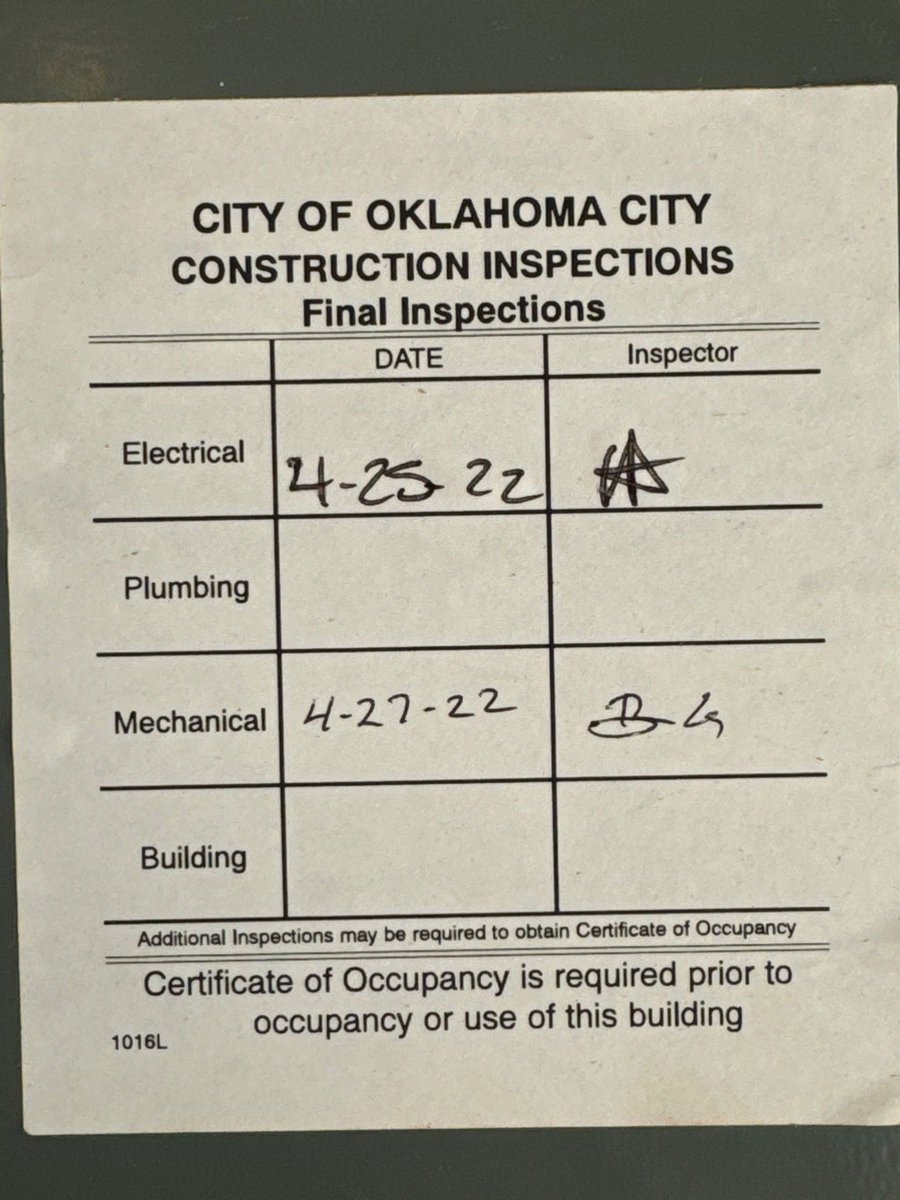OklaInspector's tweet image. From this morning’s home inspection: we aren’t code inspectors,  however I always like to point it out in the report if the city’s code inspectors do not  fill these stickers out completely. Is the building and plumbing “up to code”? Not sure.