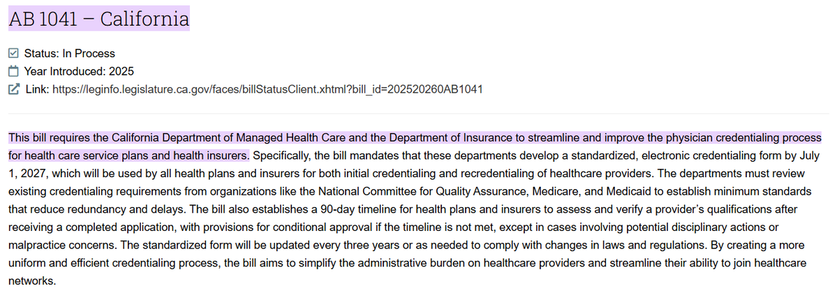 dp_oneill's tweet image. A proposed bill in CA sets a 90-day clock on insurers' provider credentialing processes.
Two surprising things:
1) That payers need a directive to improve their own administrative inefficiency
2) Despite the low bar (it could be entirely automated), this might actually help!