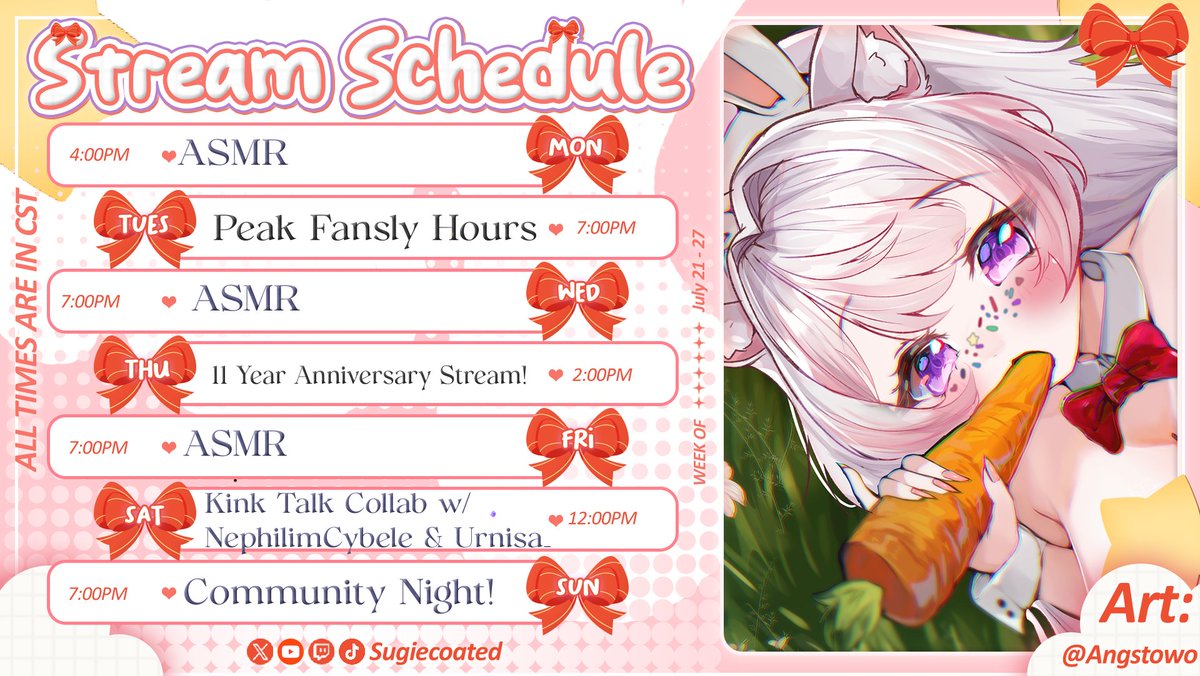 🍬Sugie🍭⏭️Weebcon (@sugiecoated) on Twitter photo 🍬𝒲𝐸𝐸𝒦𝐿𝒴 𝒮𝒞𝐻𝐸𝒟𝒰𝐿𝐸🍭
🌻July 21 - 27🌻
I'm BACK and i'm hitting the ground RUNNING!!!
We got 3 #ASMR days, some fun TeeHee Hours with <a href="/SoulCamcorder/">SoulCam🥛⚙️</a> on Peak, my 11 𝙔𝙚𝙖𝙧 𝙏𝙬𝙞𝙩𝙘𝙝 𝘼𝙣𝙣𝙞𝙫𝙚𝙧𝙨𝙖𝙧𝙮, and another collab with <a href="/RingMyCybele/">😈Nephilim Cybele😇 🏳️🌈</a> & <a href="/urnisa__/">nisa ♡ | pre-debut vtuber</a> PLUS 🍬𝒲𝐸𝐸𝒦𝐿𝒴 𝒮𝒞𝐻𝐸𝒟𝒰𝐿𝐸🍭
🌻July 21 - 27🌻
I'm BACK and i'm hitting the ground RUNNING!!!
We got 3 #ASMR days, some fun TeeHee Hours with <a href="/SoulCamcorder/">SoulCam🥛⚙️</a> on Peak, my 11 𝙔𝙚𝙖𝙧 𝙏𝙬𝙞𝙩𝙘𝙝 𝘼𝙣𝙣𝙞𝙫𝙚𝙧𝙨𝙖𝙧𝙮, and another collab with <a href="/RingMyCybele/">😈Nephilim Cybele😇 🏳️🌈</a> & <a href="/urnisa__/">nisa ♡ | pre-debut vtuber</a> PLUS