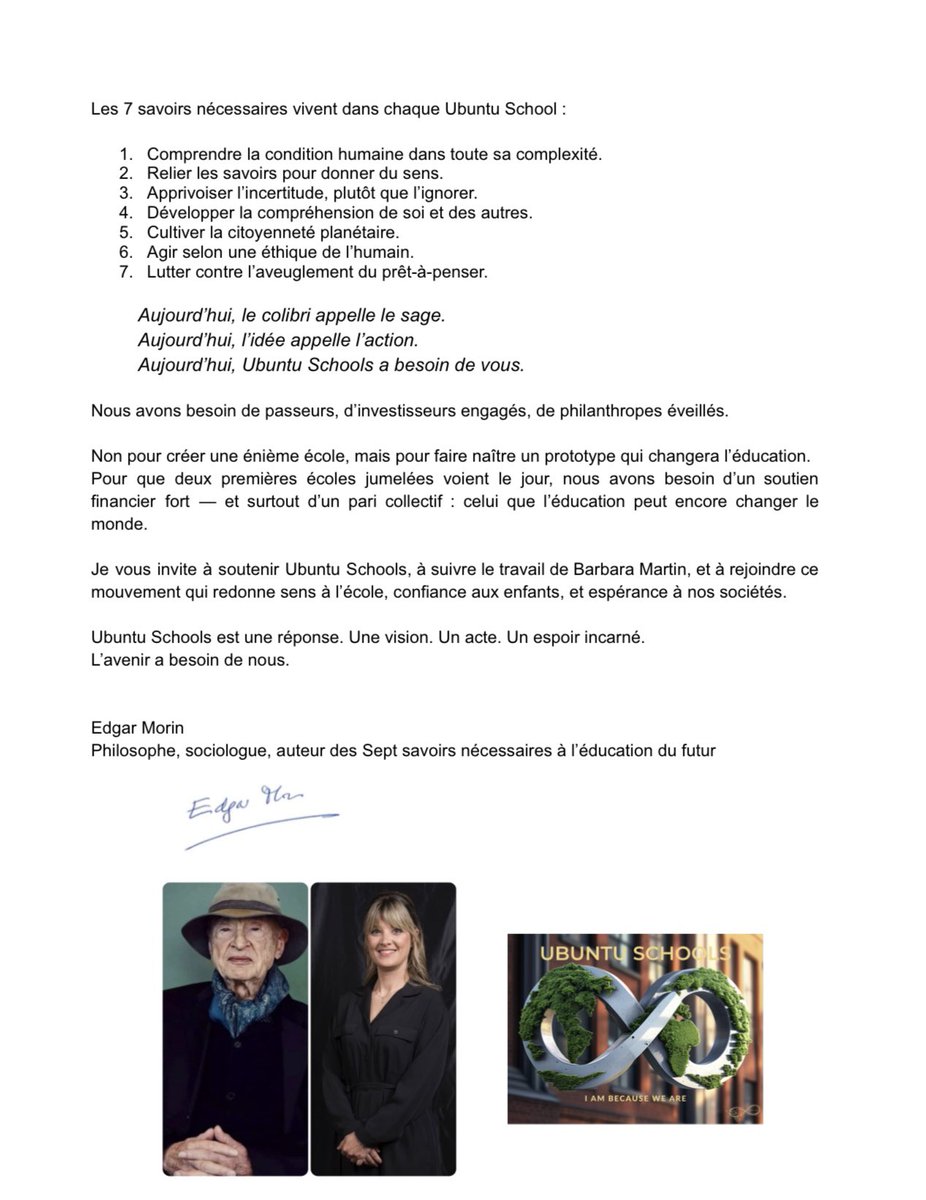 Appel d’ <a href="/edgarmorinparis/">Edgar Morin</a> pour Ubuntu Schools 
Une école du lien. De l’humanité. De l’avenir. 
“Aujourd’hui Ubuntu Schools a besoin de vous.” 

➡️Lisez l’appel 
➡️Partagez-le
➡️Transmettez-le à celles et ceux qui peuvent devenir les premiers bâtisseurs d’Ubuntu Schools