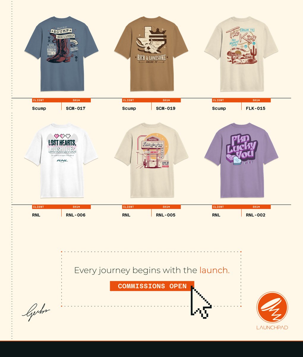 Every journey begins with the launch. 🟠

Commissions are now open with my studio, Launchpad. (<a href="/PrepForLaunch/">LAUNCHPAD</a>)

Focusing on merchandise and clothing from design conception → the launch.