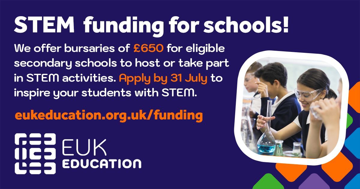 EUKEducation's tweet image. Secondary schools which meet our priority schools criteria can apply for £650 bursaries to put towards Neon activities or to run a Big Bang at School. Find out more and apply here: lnkd.in/eXs7gfvX
