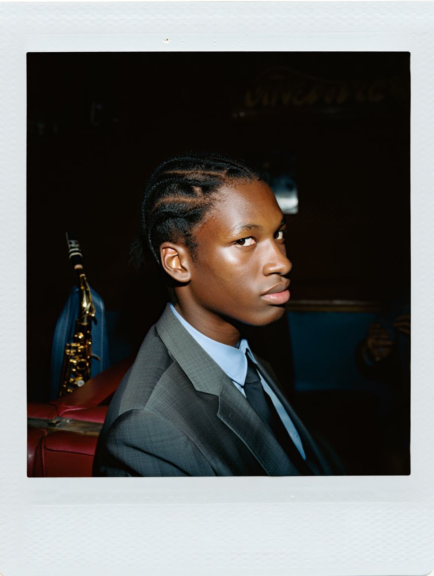 Itsyopahadiboy's tweet image. Prompt: A vintage Polaroid snapshot of a young Black man in his early twenties, sporting a sharp, multi-pointed hairstyle. Dressed in a crisp grey suit jacket, light blue shirt, and dark tie, he sits at a dimly lit jazz club, a saxophone case resting beside him. The low-key…