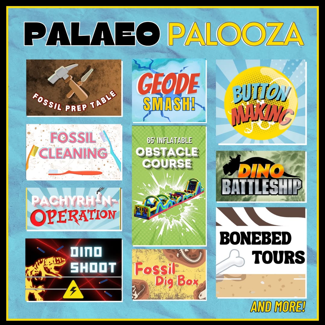 Join us for our 2-Day Science Festival jam-packed with prehistoric family fun! 🦖😱

August 9-10th!

Enjoy carnival games, inflatable obstacle course, geode smash, dino shoot, makers space, special screenings, free bussing... and more!

➡️Tickets: dinomuseum.ca/palaeo-palooza…