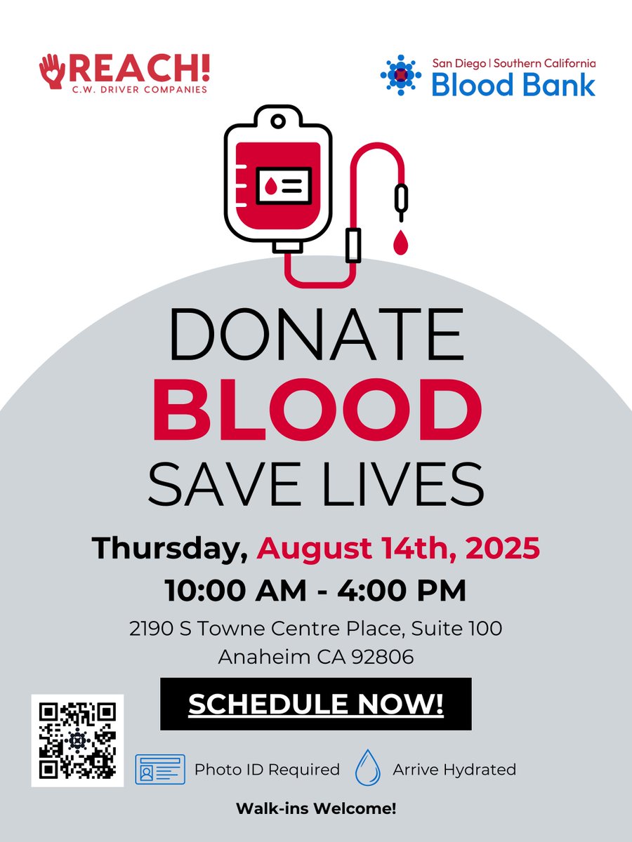 CWDriverCos's tweet image. Our Blood Drive has been rescheduled to Thursday, August 14.
Same time, same place—just a new date to roll up your sleeves and make a difference.
Register here: mysdbb.org/donor/schedule…
#CWDriverCos #Construction #BloodDrive