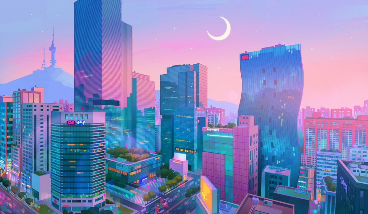 lulusketches's tweet image. Seoul visdev painting for #kpopdemonhunters! 🌙✨💖 My very first assignment on the movie back in 2022 was to figure out how to design cities to feel like Seoul, and I was very inspired by color palettes from Sailor Moon #visdev #kdh