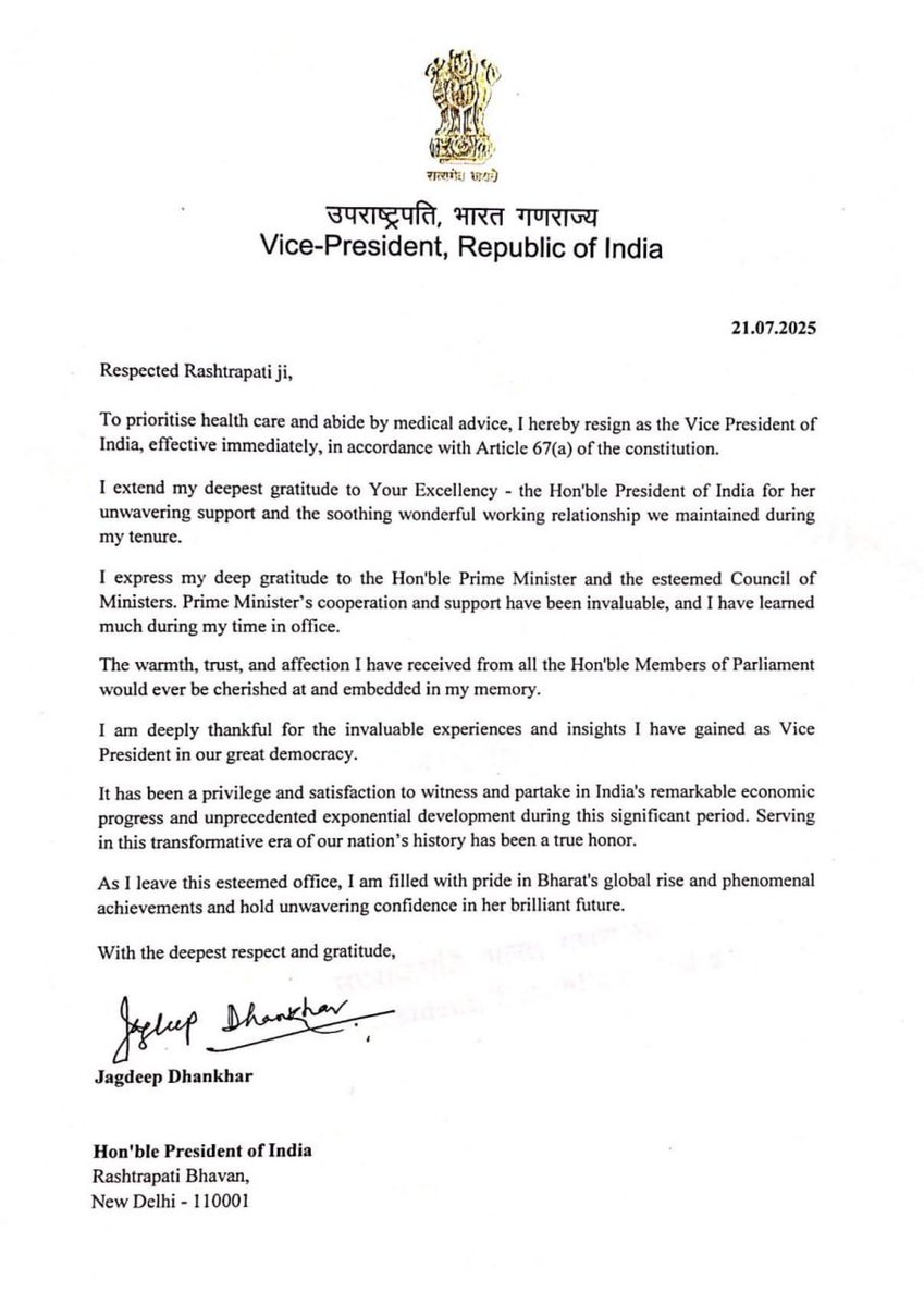 NewsNowUS's tweet image. Jagdeep Dhankar has resigned as Vice President of India due to health reasons.