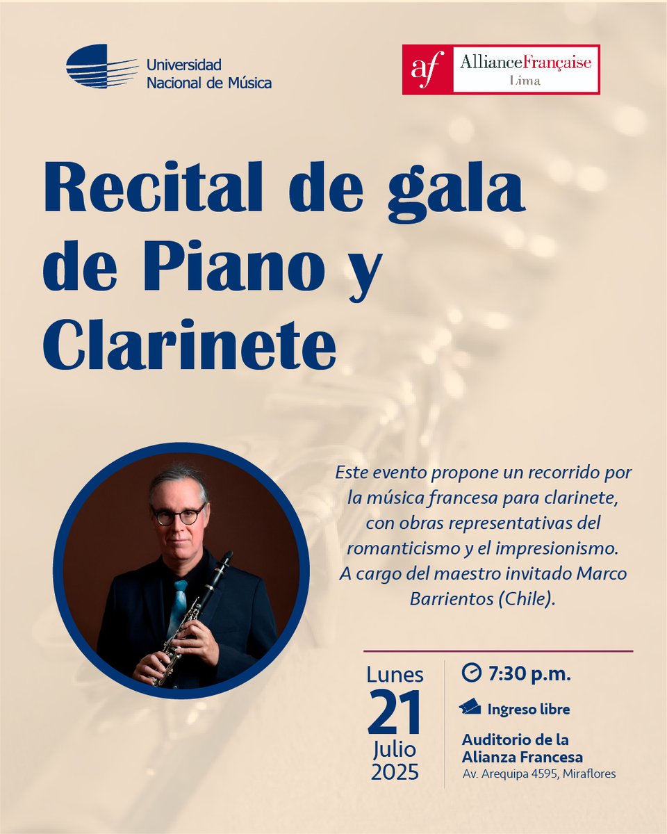 Alianza Francesa de Lima (@aflima_oficial) on Twitter photo #Concierto | Esta noche, la <a href="/UniMusPeru/">Universidad Nacional de Música de Perú</a> presenta al maestro Marco Barrientos en un recital imperdible de piano y clarinete en el Teatro de la Alianza Francesa.
Ingreso libre, hasta completar aforo. #Concierto | Esta noche, la <a href="/UniMusPeru/">Universidad Nacional de Música de Perú</a> presenta al maestro Marco Barrientos en un recital imperdible de piano y clarinete en el Teatro de la Alianza Francesa.
Ingreso libre, hasta completar aforo.