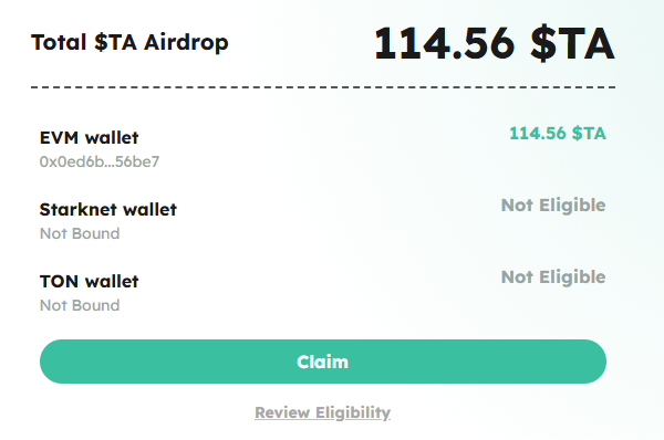 degenvish's tweet image. Got my $TA airdrop from @TrustaLabs
It ain't much, but it's honest work!
Did you get yours?