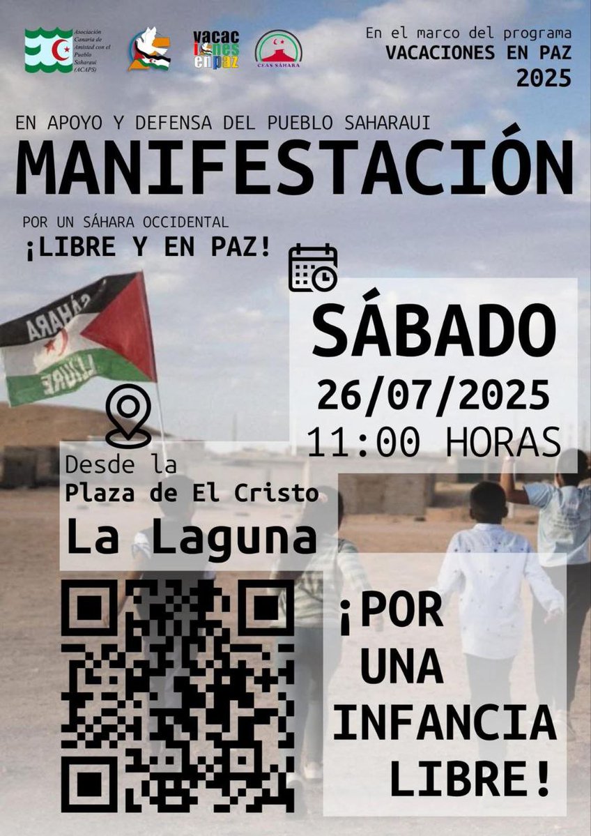AnticapiCanaria's tweet image. Manifestación en apoyo al pueblo saharaui 🗓️Sabado 26 de julio 📷 A las 11 horas 📷 🇪🇭
Manifestación en apoyo al pueblo saharaui
🗓️Sabado 26 de julio 2025
⏰A las 11 horas
↘️Desde Plaza del Cristo La Laguna
¡Fuera Marruecos del Sáhara Occidental! ¡Sáhara libre ya!
🇪🇭