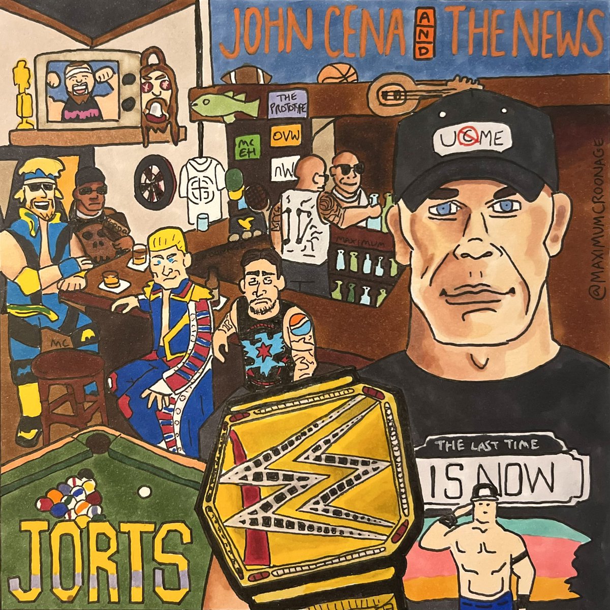 MaximumCroonage's tweet image. John Cena’s JORTS, based off of the cover of Huey Lewis and the News- SPORTS, and featuring Cm Punk, Cody Rhodes, Logan Paul, Travis Scott, and the Rock. Made with Copic markers and multi liners.