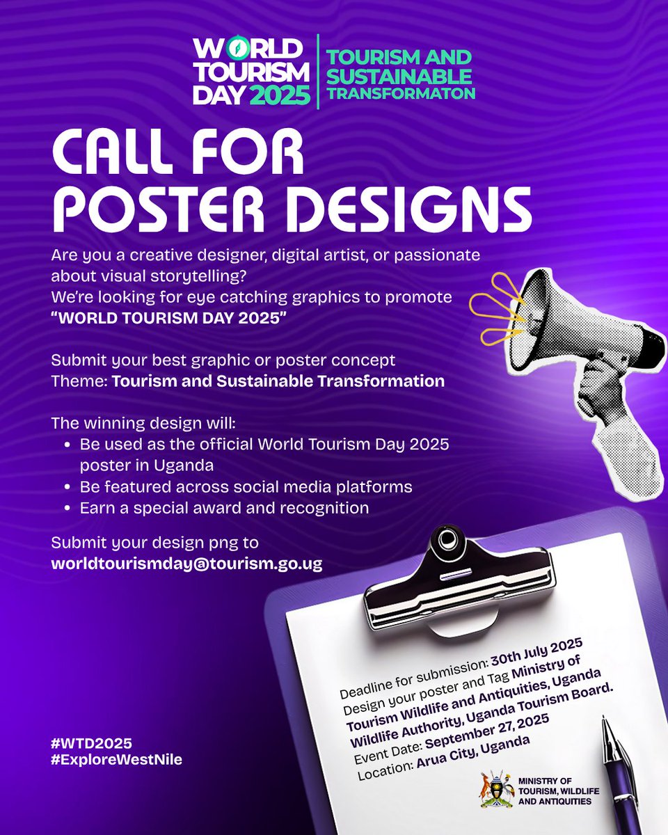 🚨Calling all designers and Visionary artists!

Craft a one-of-a-kind poster for this year's World Tourism day.🤗
A poster with most likes, comments and reposts will be chosen as the winning poster.

Submission deadline: 30th July
#DesignForTourism| #WTD2025