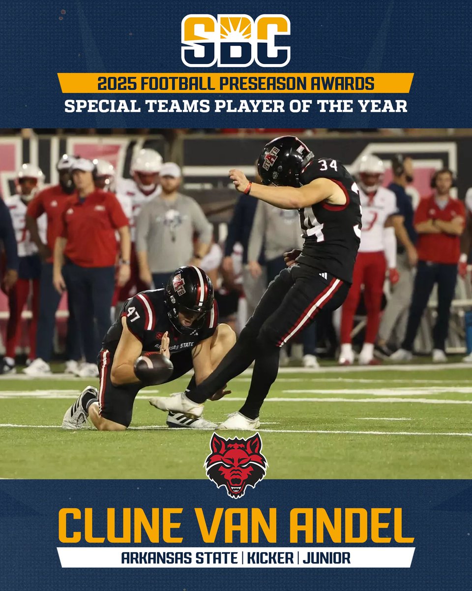 Sun Belt (@sunbelt) on Twitter photo 𝗔 𝗦𝗧𝗔𝗧𝗘𝗠𝗘𝗡𝗧.
<a href="/AStateFB/">Arkansas State Football</a> junior kicker <a href="/clune_vanandel/">Clune Van Andel</a> dubbed the <a href="/SunBeltFB/">Sun Belt Football</a> Preseason Special Teams Player of the Year. ☀️🏈
📰 » sunbelt.me/4mpRGYb 𝗔 𝗦𝗧𝗔𝗧𝗘𝗠𝗘𝗡𝗧.
<a href="/AStateFB/">Arkansas State Football</a> junior kicker <a href="/clune_vanandel/">Clune Van Andel</a> dubbed the <a href="/SunBeltFB/">Sun Belt Football</a> Preseason Special Teams Player of the Year. ☀️🏈
📰 » sunbelt.me/4mpRGYb