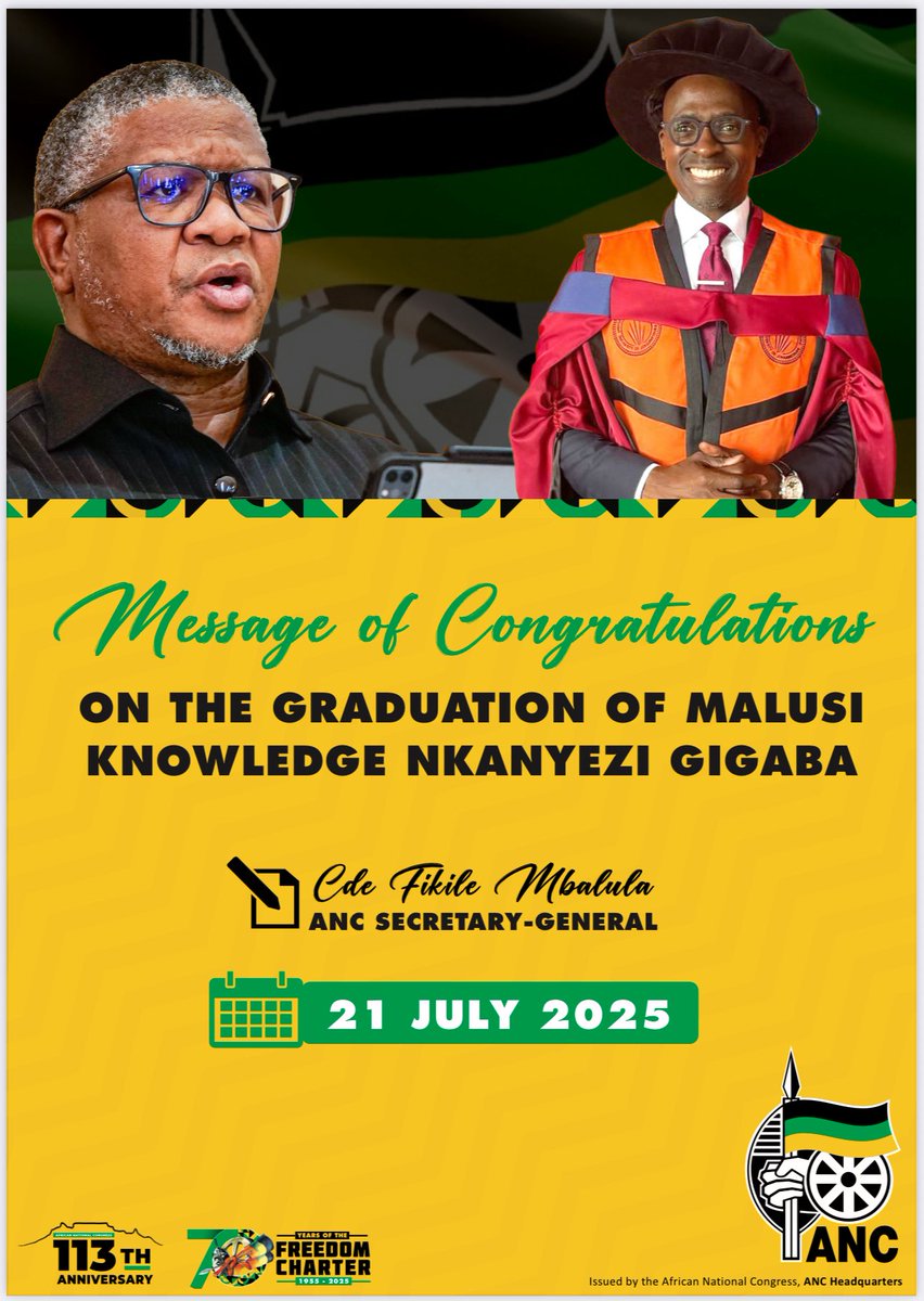 MbalulaFikile's tweet image. Message of Congratulations on the graduation of Malusi Knowledge Nkanyezi Gigaba