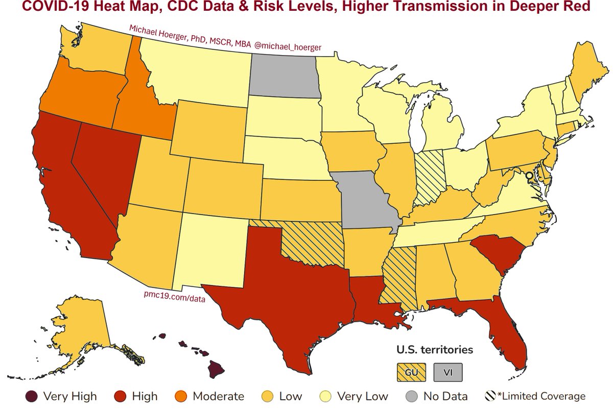 michael_hoerger's tweet image. 1. PMC COVlD Dashboard, July 21, 2025 (U.S.)
COVlD is surging in 7 states, according to the CDC.
🔹Hawai'i (Very High)
🔹California (High)
🔹Nevada (High)
🔹Texas (High)
🔹Louisiana (High)
🔹Florida (High)
🔹South Carolina (High)