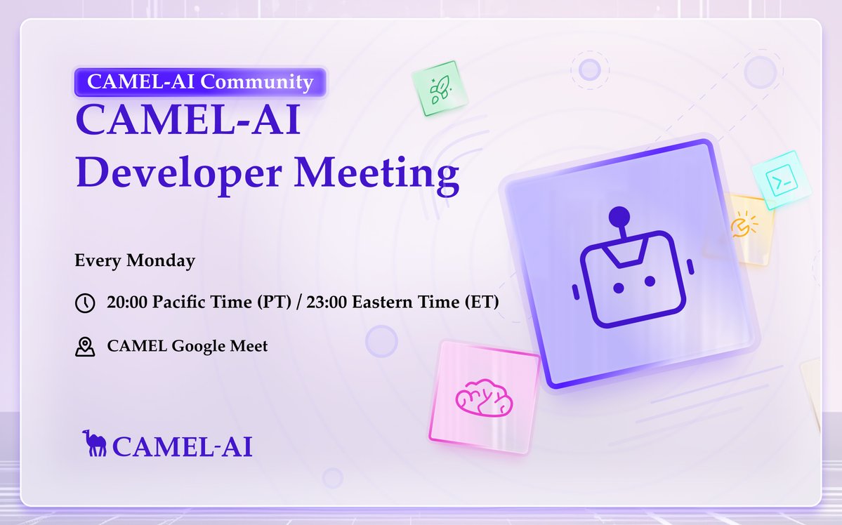 CamelAIOrg's tweet image. 🐫 CAMEL-AI Developer Meeting (US timezone friendly)
Join us today to:
➠ Connect with our core engineers & contributors
➠ Ask questions about contributing to the CAMEL framework
➠ Explore what we're building inside our multi-agent stack
🗓 Add this weekly recurring event to…