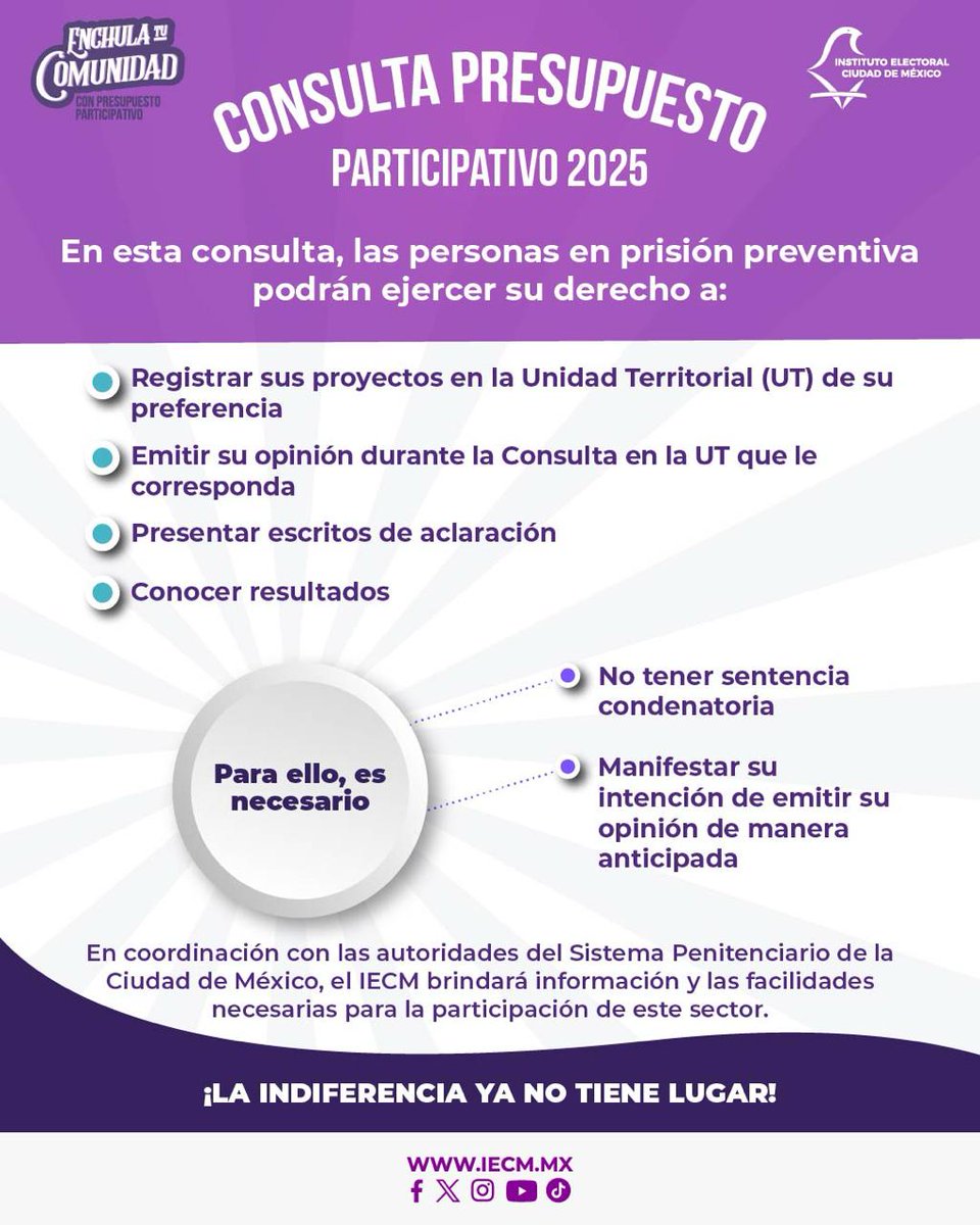 Las personas en prisión preventiva, también pueden participar en la Consulta de Presupuesto Participativo 2025. ​ 

🗳️ Podrán emitir su opinión del 4 al 14 de agosto.