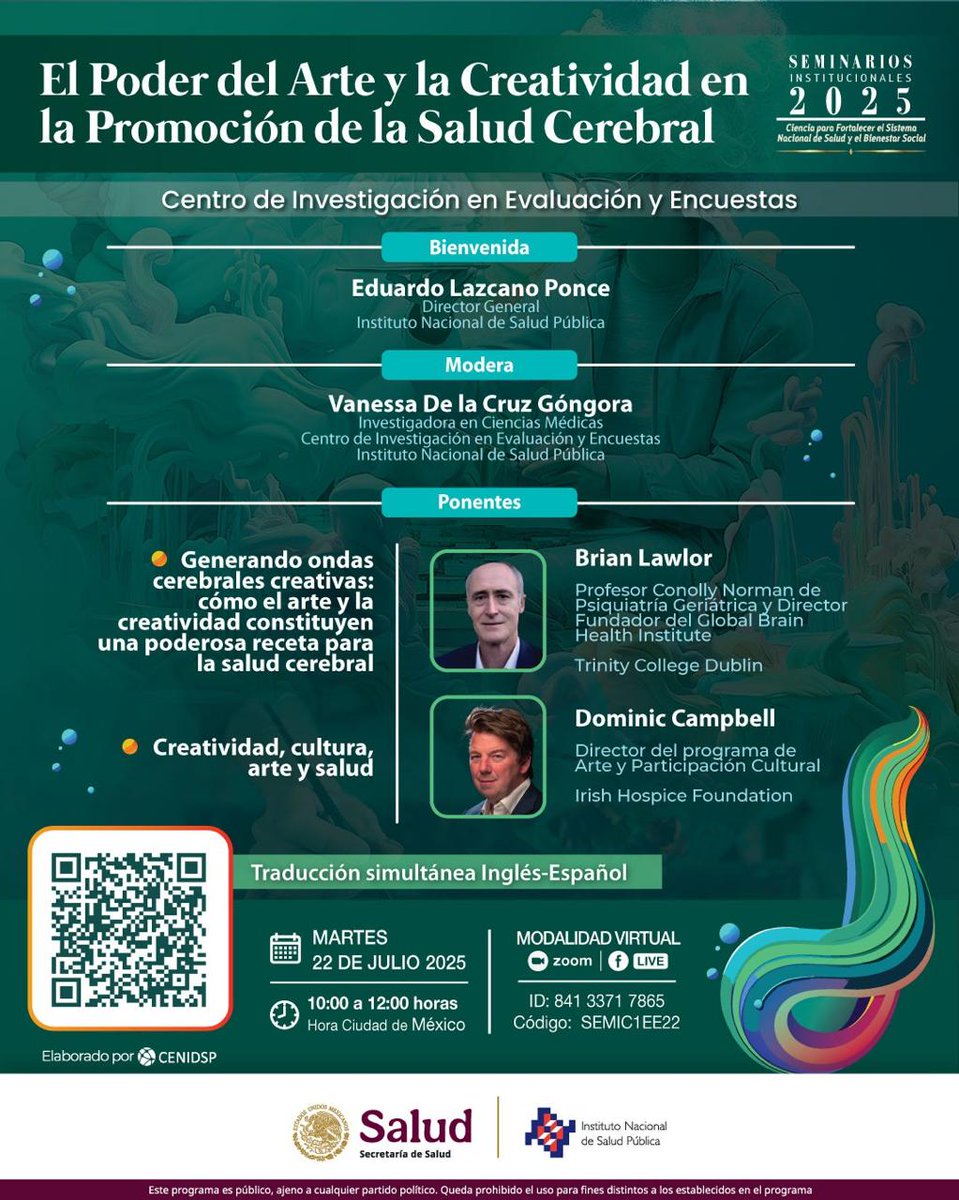 dafneduron90's tweet image. Arte, creatividad y #SaludCerebral
(Art, creativity and #BrainHealth)
🗓️22/07/2025
🕒 10:00H (CDMX) (17:00H Dublin)
👇🏼Zoom
Código de acceso: SEMIC1EE22
ID: 841 3371 7865
@GBHI_Fellows @tcddublin @inspmx