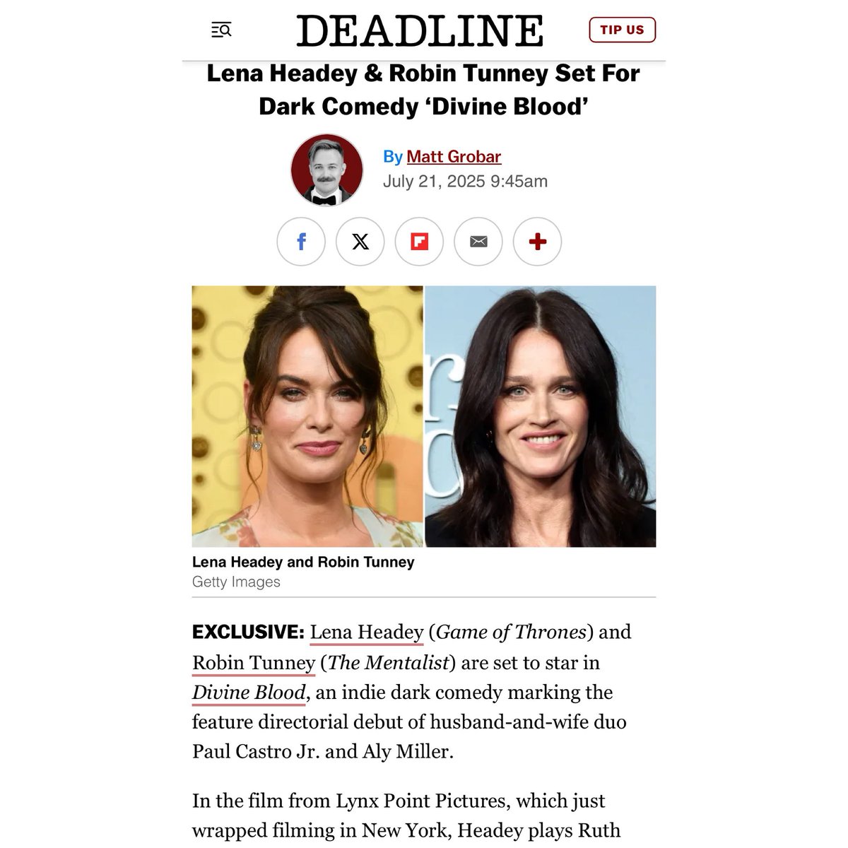 PaulCastroJr's tweet image. It’s with great pleasure to announce our feature film, DIVINE BLOOD, starring Lena Headey (@IAMLenaHeadey) Robin Tunney (@RealRobinTunney) Chloe Levine (@chloerlevine) — written by my spectacular wife @alymiller26 directed and produced by the both of us.
What a month it has…
