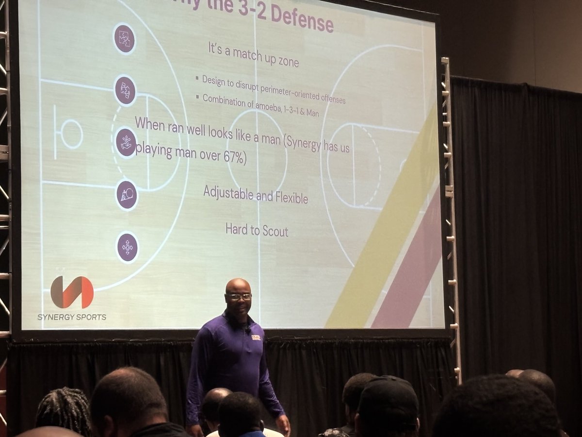 Denton High Boys Head Basketball Coach Mike Thomas presenting the 3-2 defense at the 2025 THSCA Convention in San Antonio