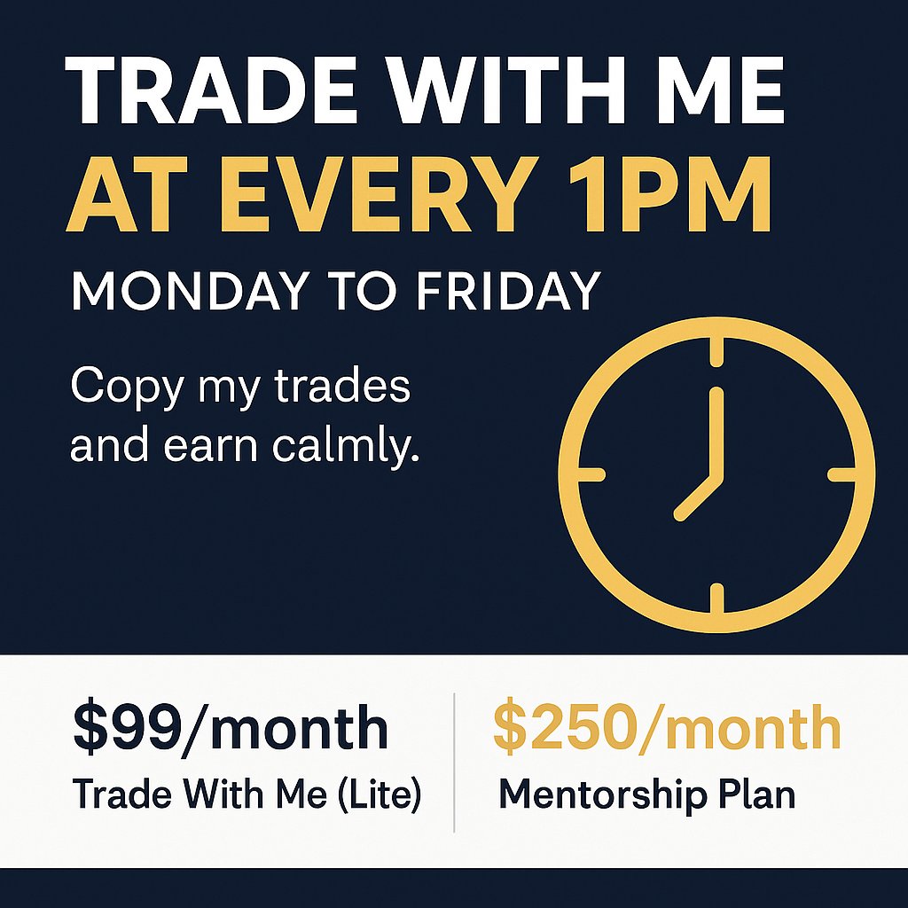 Gonikedge1's tweet image. 💸 No signals. No noise. No fear.
I trade live every weekday at 1PM using a calm, capital-safe forex strategy.
No overtrading
No stress
No blown accounts
You’ll copy my trades daily or learn the simple edge directly from me.