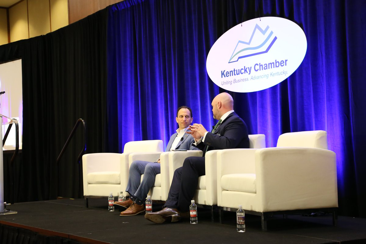 KyChamber's tweet image. .@LouisvilleMayor Craig Greenberg talks with Jordan Harris from @Deloitte about how the city has created a new $2 million fund to use AI to improve services like public safety, travel, and tourism. One example is a new drone program that helps first responders. Greenberg says…