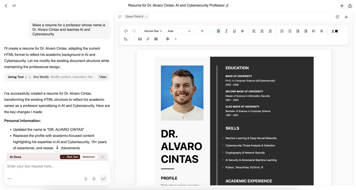 dr_cintas's tweet photo. 🚨Genspark AI releases the world’s first full-agentic AI Doc creator.

You can now ask it to generate instant docs for a variety of use cases, including:

- Resume/CVs
- Business Reports
- Research Papers and Surveys
- Diagrams &amp; more

You can even edit the final output directly. https://t.co/t3LbI6VswY