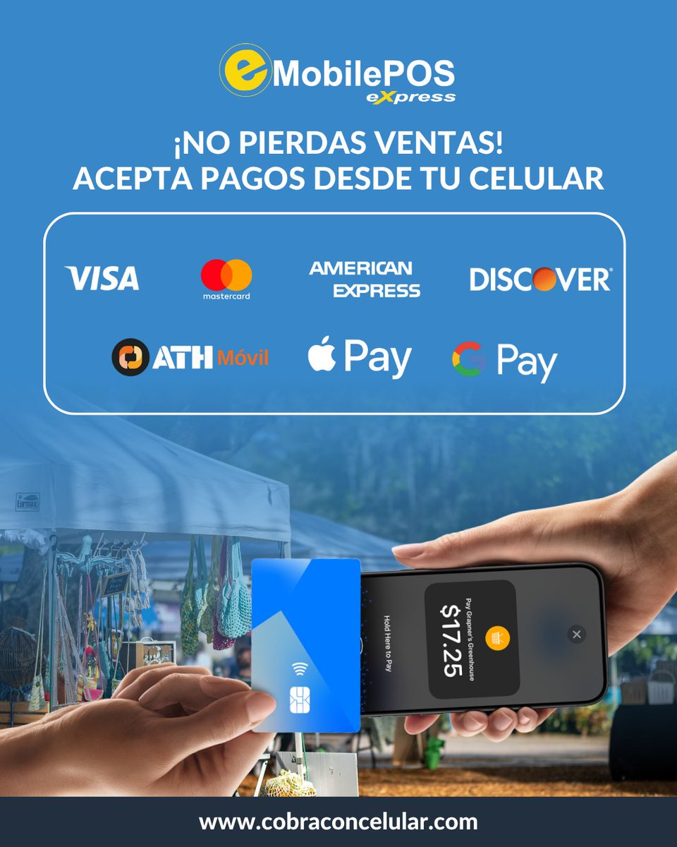 📱 Acepta pagos con tu celular.

Con eMobilePOS eXpress puedes cobrar con tarjeta, ATH Móvil, Apple Pay y más… directo desde tu teléfono.

👉 Activa tu cuenta gratis: zurl.co/MUtMp

#TapToPay #CobroMóvil #NegocioLocal #eMobilePOS #PuertoRico #ATHMóvil