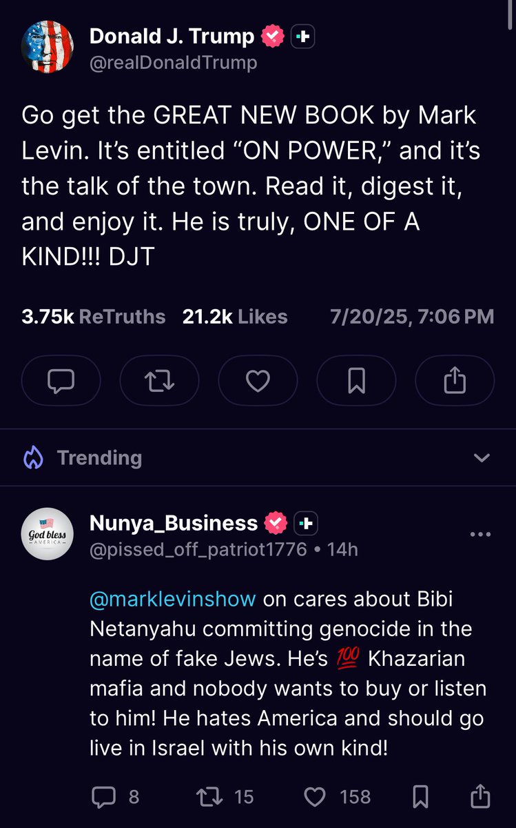 MrStevenSteele's tweet image. President Trump is getting absolutely ratio’d by his base after recommending Mark Levin’s newest book on Truth Social. 🤣