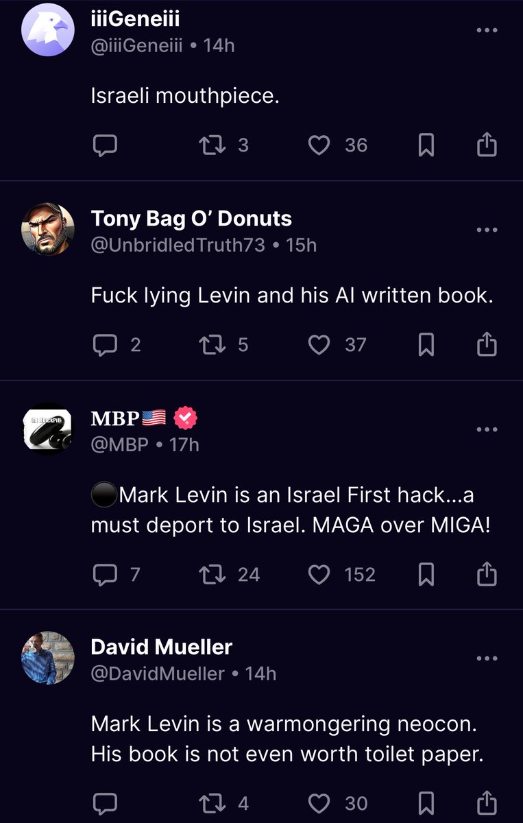 MrStevenSteele's tweet image. President Trump is getting absolutely ratio’d by his base after recommending Mark Levin’s newest book on Truth Social. 🤣