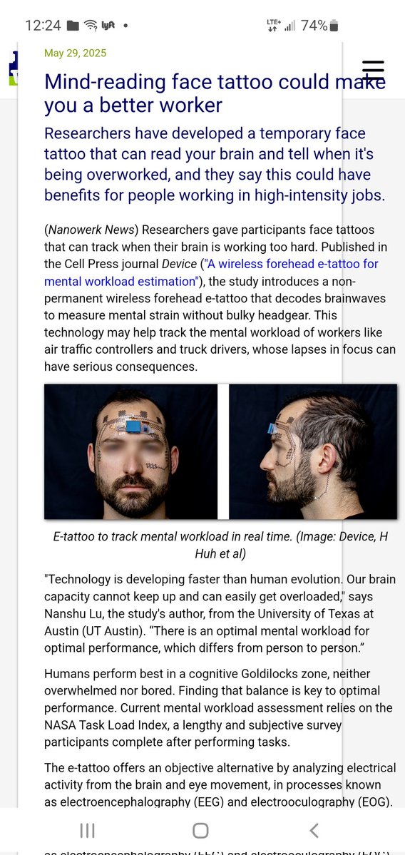BarelyBook's tweet image. 🚨 🚨 🚨
Everyone looking forward to their graphene E-tattoo?
A wireless forehead e-tattoo for mental workload estimation cell.com/device/abstrac…
Mind-reading face tattoo could make you a better worker May 29, 2025 nanowerk.com/news2/robotics…