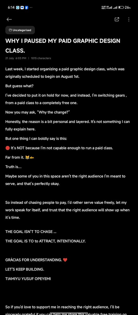 tyodesign_01's tweet photo. From Paid to Free , Not a Downgrade, but a Strategy.
I paused my paid class to serve freely first.
Not because I can'tโฆ
But because I choose to attract the right audience through value.
Read this. ๐
#DesignWithTyo #GraphicDesign #AGDT #AndroidDesign https://t.co/JanehzX63L