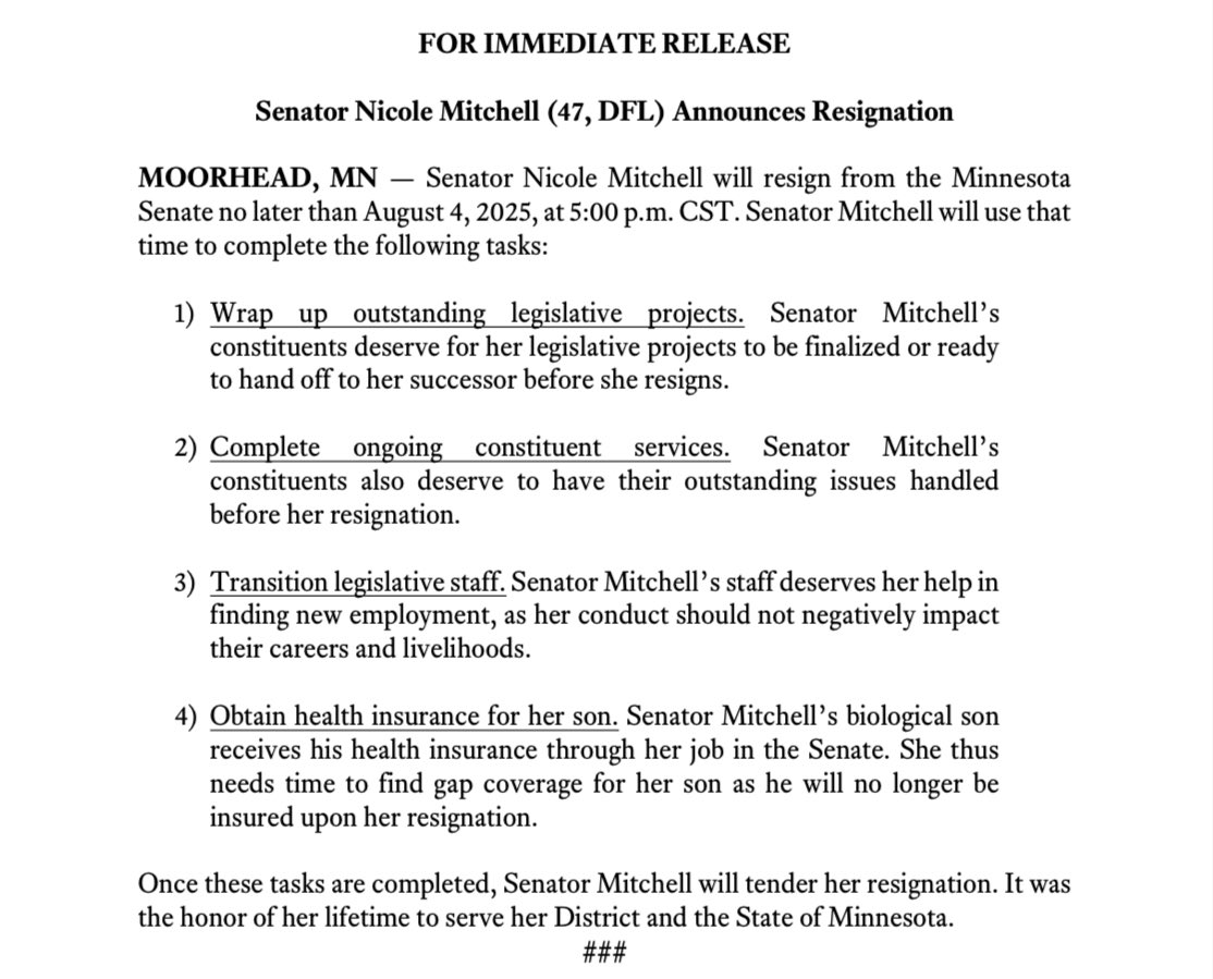 xanderosier's tweet image. Sen. Nicole Mitchell plans to resign next month after her conviction on burglary charges last week. Announcement via Mitchell’s attorneys just a bit ago.