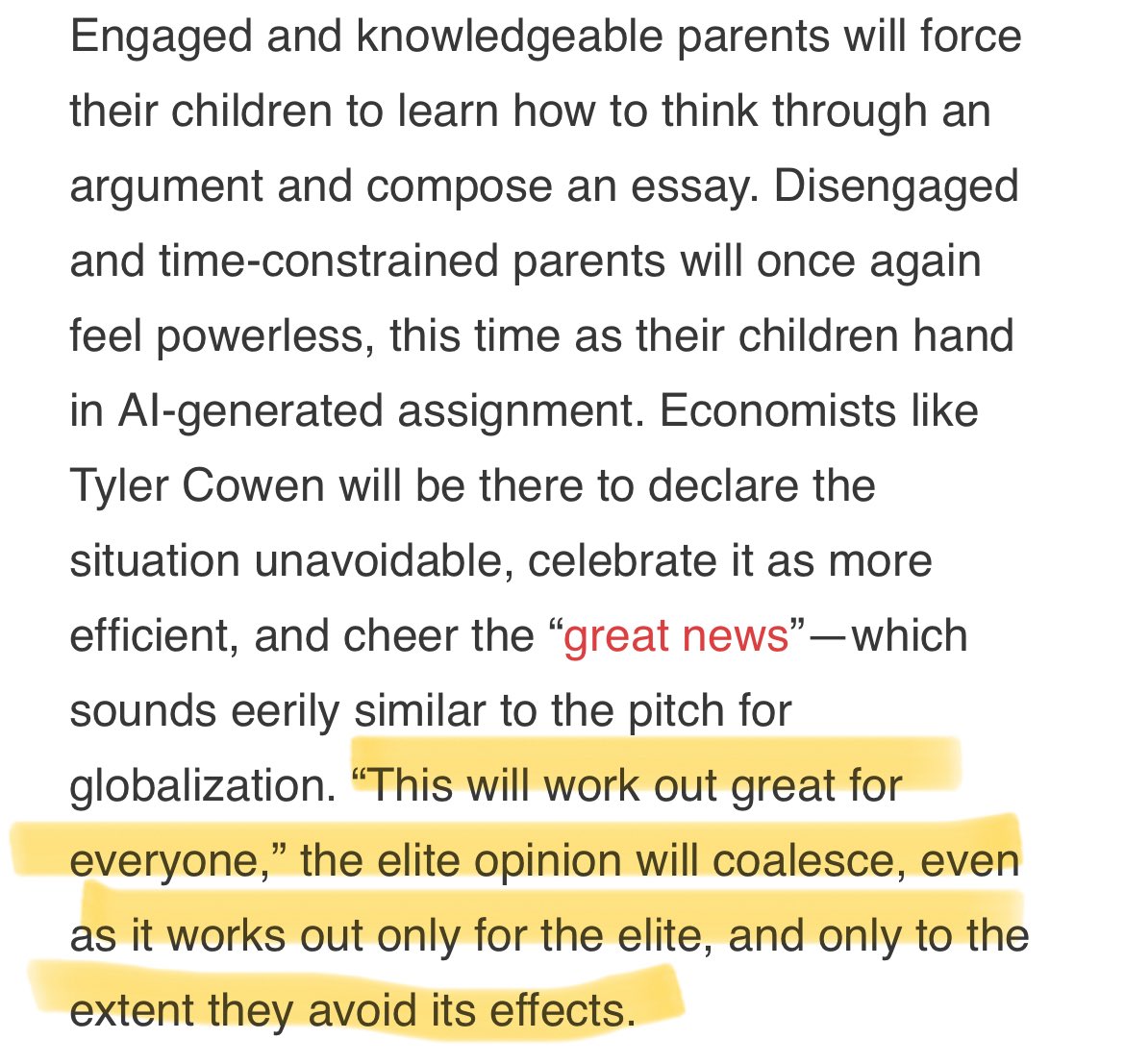 hemingquay's tweet image. Great line from @oren_cass from today’s newsletter about the future of AI in education.
The best education reforms we could possibly adopt in this country would be to 1) stop giving students laptops and iPads and 2) ban smartphones and actually enforce the policy.