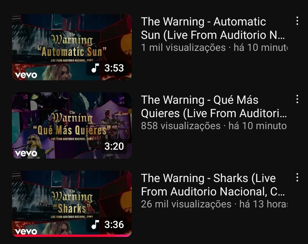 thewarning_pt's tweet image. Já estão disponíveis 3 músicas versão ao vivo do concerto no Auditório Nacional, CDMX, tanto no Youtube como no Spotify.