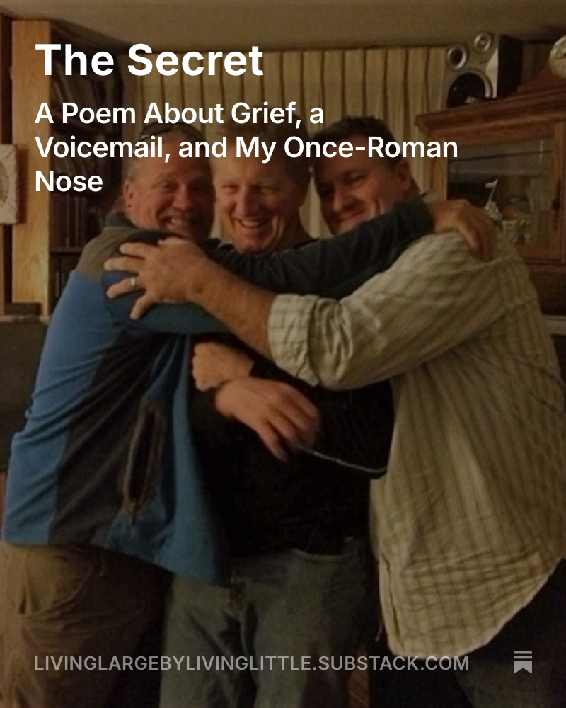 The Secret 
I have a voicemail on my phone.
I’ve kept it since 2017.
It’s my brother’s voice—he died in 2019.
#Poetry #Memoir #Grief #Substack #Brothers
open.substack.com/pub/livinglarg…