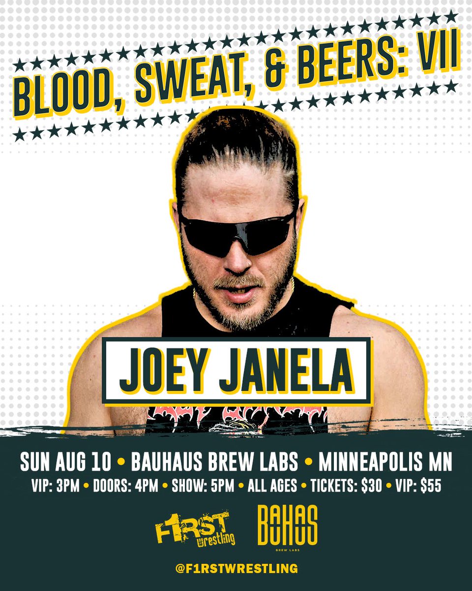 f1rstwrestling's tweet image. “The Bad Boy” Joey Janela returns to @f1rstwrestling on Sunday, August 10th!
𝑩𝑳𝑶𝑶𝑫, 𝑺𝑾𝑬𝑨𝑻, & 𝑩𝑬𝑬𝑹𝑺
@bauhausbrewlabs | Minneapolis, MN
VIP 3pm • Doors 4pm • Show 5pm
All Ages Welcome (21+🍻)
🚨GET YOUR TICKETS NOW🚨
🎟️ dojour.us/e/56548-blood-…