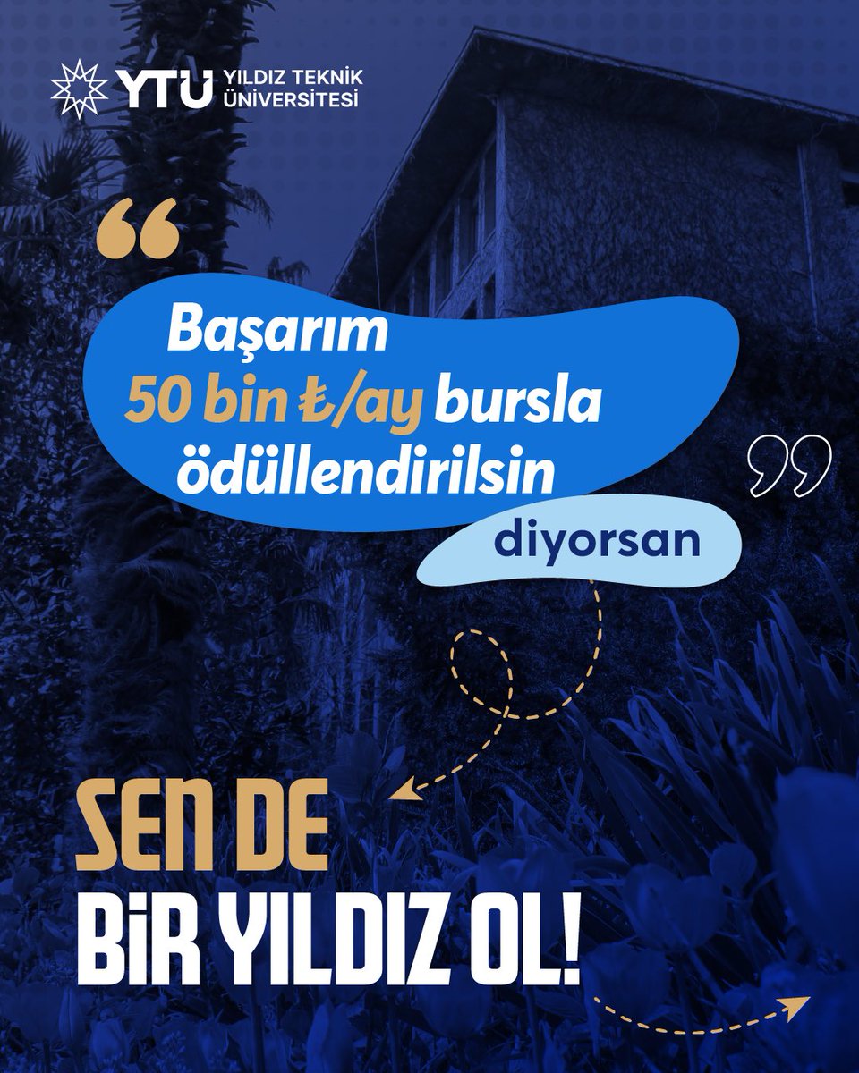 Derece yaptıysan sana YTÜ yakışır. 🌟
⠀
2025-YKS’de üstün başarı gösteren öğrenciler için Yıldız Teknik Üniversitesi, burs ve girişimcilik desteklerini kapsayan güçlü bir program sunuyor.
⠀
“Sen de bir Yıldız ol” mottosuyla hayata geçirilen bu model kapsamında:

🔹 İlk 100’e