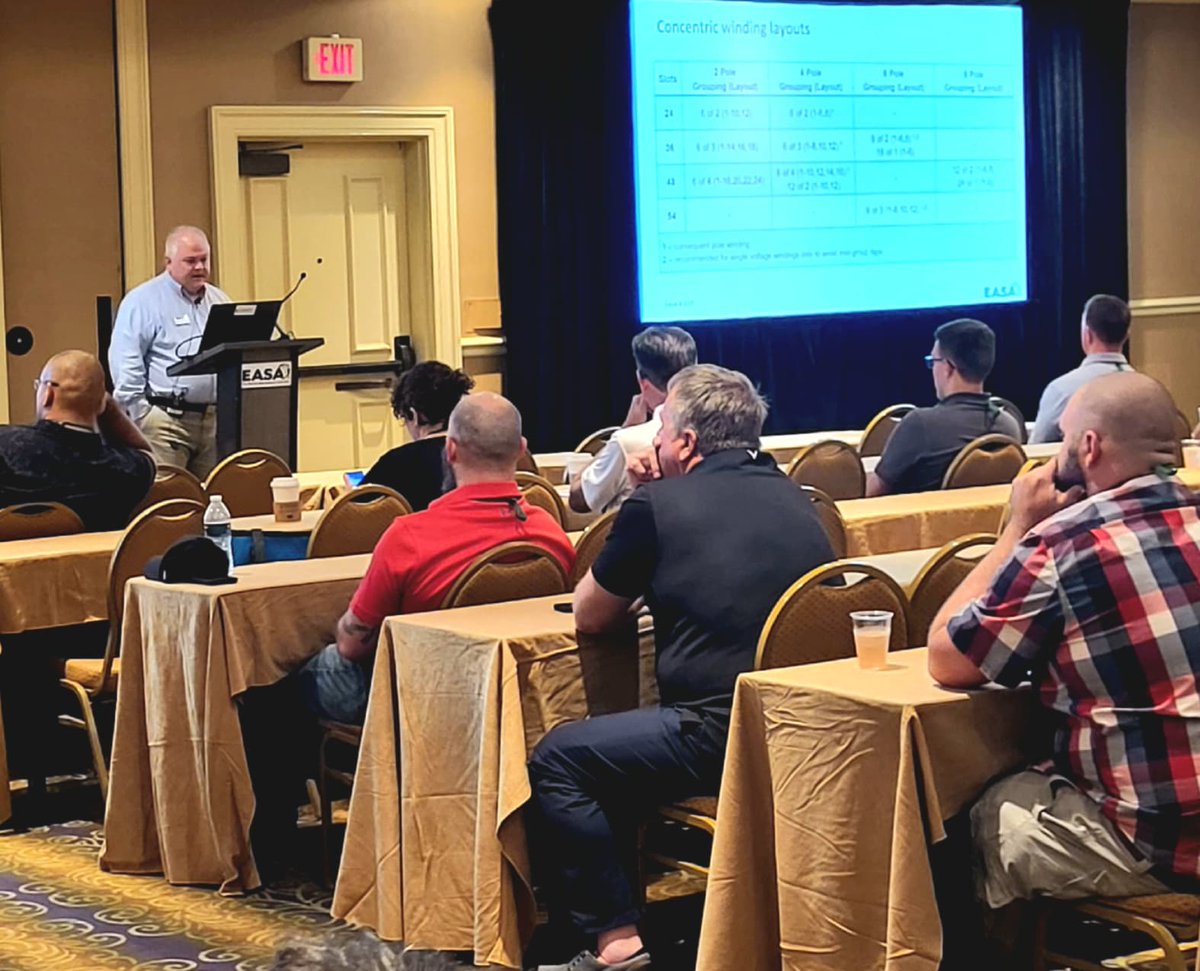 ElecAppMag's tweet image. In the #EASA25 tech session, "Concentric Windings: When to Use Them and Tips for Getting It Right" - @easahq technical support specialist Mike Howell holds forth on how to use concentric windings.
#EASA2025
