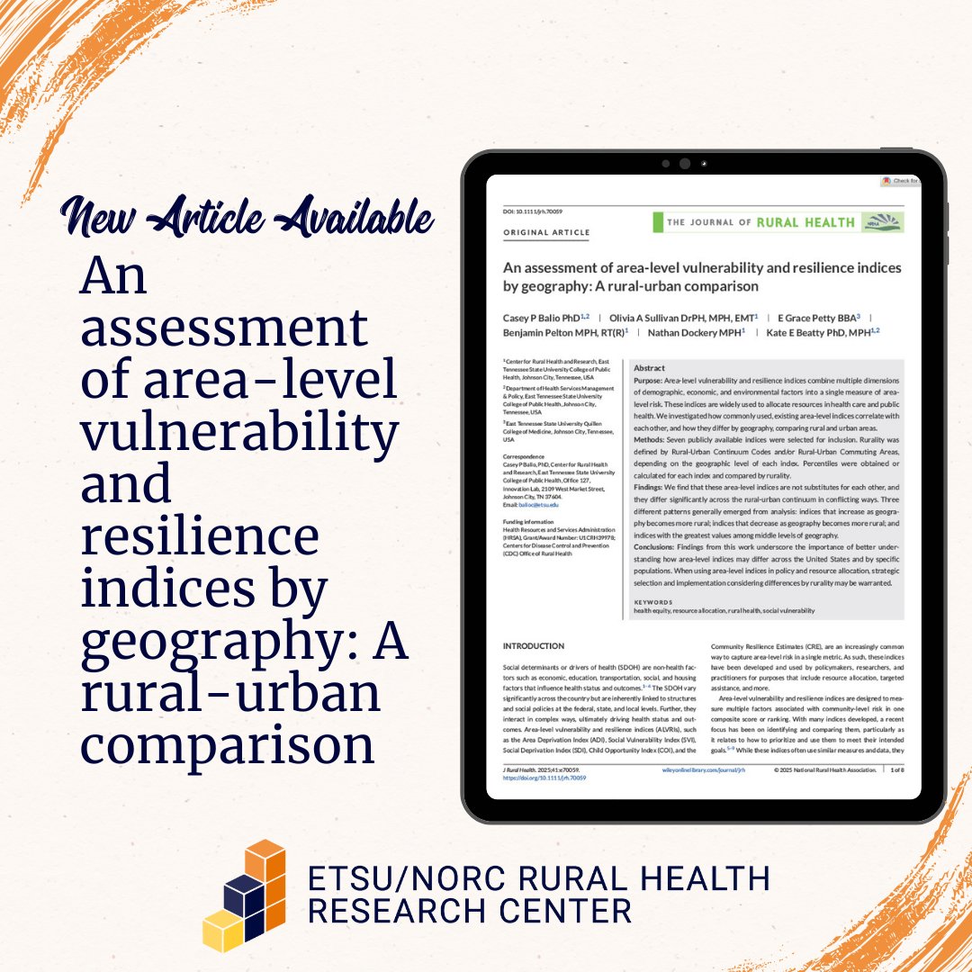 New in The Journal of Rural Health: An assessment of area‐level vulnerability and resilience indices by geography: A rural‐urban comparison. The ETSU/NORC RHRC study finds the indices are not interchangeable.

ow.ly/Xgzn50WsO7Q

#RuralHealth